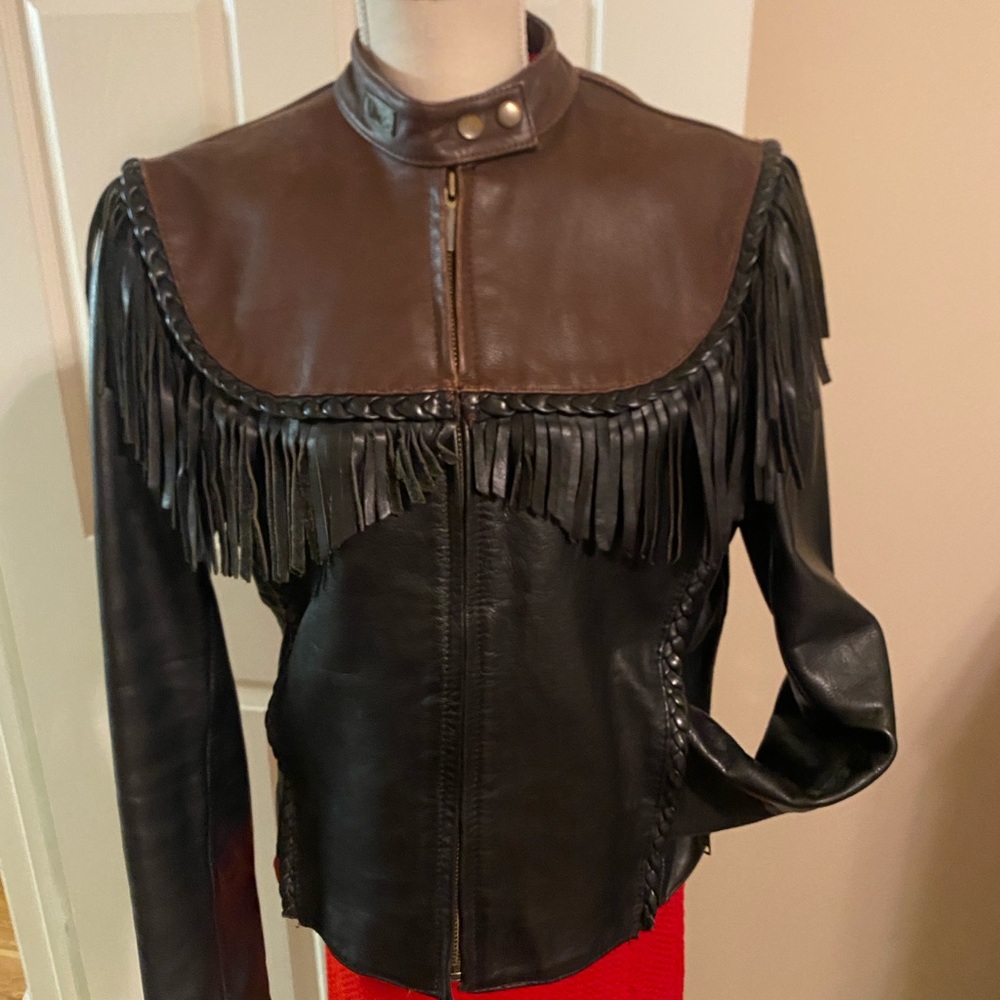 Harley Davidson Willie G Brown and Black Leather Fringe Jacket